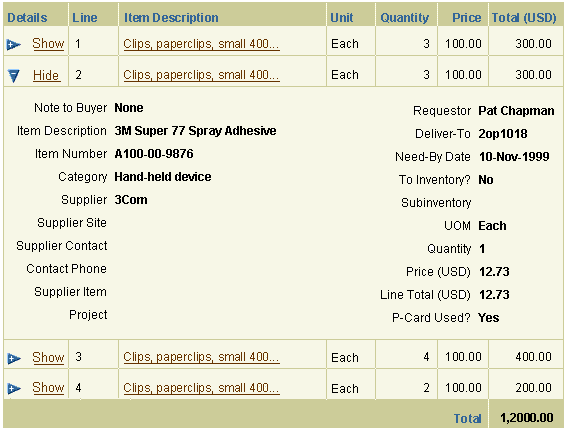 Example of Hide/Show in a Table Row - One Row Shown