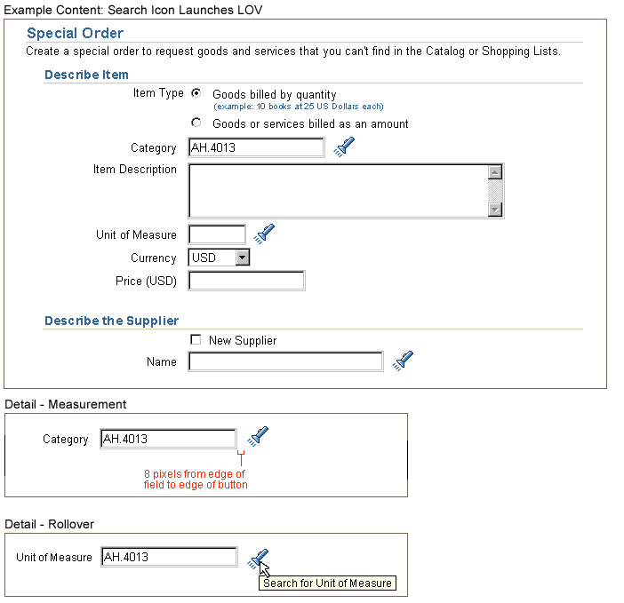 LOV/Search Icon Associated with Labels/Fields on a Page (Including Measurements)